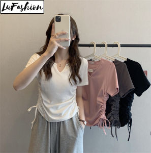 LuFashion Tops for Women Summer Korean Style V-neck Slim Fashionable Short Sleeve Casual T-shirt