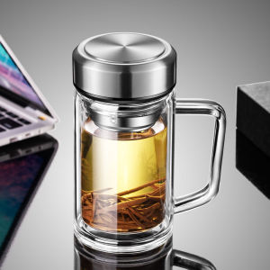 【现货正品】Double-layer glass cup with handle large-capacity office cup household mens cup with lid filter tea cup customization带把手双层玻璃杯大容量办公杯家用男士杯带盖子过滤泡茶杯子定制