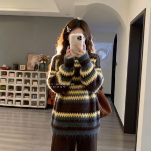 XUECAIQI | Laid-back Vintage Style Striped Sweater & Loose Trousers Set for Women