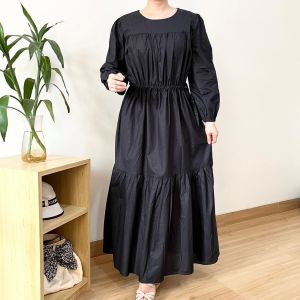 ●ECLAIRE● 063 Dress Maxi Maksi Gamis Katun Waist Strap Serut Longsleeves Lengan Panjang Kasual Basic Polos Mode Modis 1053