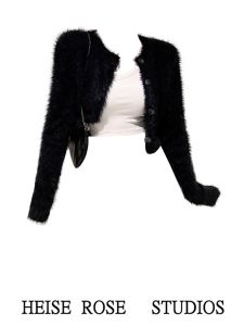 Black Faux Mink Knitted Sweater Womens Short V-Neck Slimming Autumn Winter Fashion Korean Style Straight Cut Long Sleeve Top