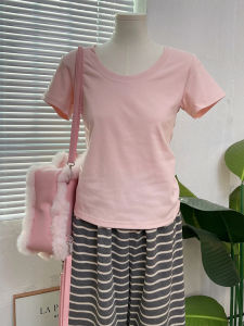 Áo Thun Cổ Tròn Tay Ngắn Màu Hồng Đơn Giản Ôm Vừa Vặn Phong Cách Mùa Hè Áo Thun Nữ Áo Thun Cổ Tròn Màu Trơn