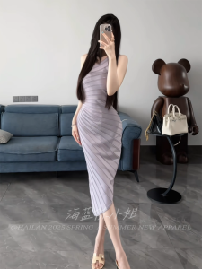 Elegant French White Slope Shoulder Knitted Mid-Length Dress Womens Pure Desire Shoulder Strap Tie Long Skirt Summer Gown