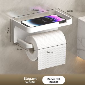 No Drill Toilet Paper Holder Wall Mounted Bathroom with Phone Stand and Storage Shelf Over Toilet Space Saving Organizer