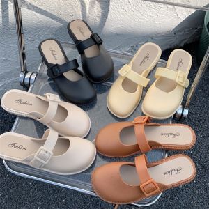Size 36-41 Fashion Slippers Female Summer Round Head Buckle With Heel Students Lazy Outer Wear Sandals