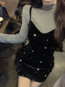 CHOUXIE | Formal French Style Black Velvet Long-sleeved Strap Dress