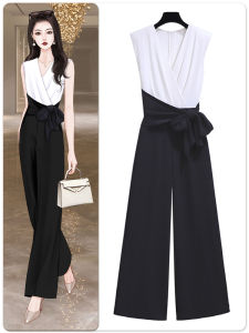 High-End Color Block One-Piece Pantsuit Womens Fashion High-Waist Wide-Leg Jumpsuit Set Belt Butterfly Knot Long Pants