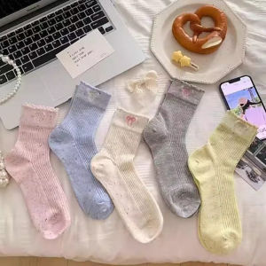 ฉบับภาษาเกาหลีของ Ins ถุงน่องลายแนวตั้งผูกโบว์แบบบางสำหรับเด็กนักเรียนสวมใส่ได้ทุกวันและหลากหลาย