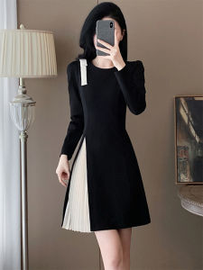French Design Butterfly Knot Dress Womens Spring Autumn New Small Waist Cinch Slim Pleated Black Dress A-Line Skirt