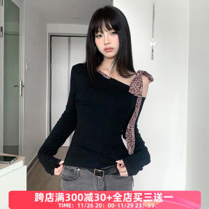 FabGirls American Style Long Sleeve T-Shirt Leopard Print Splice Shoulder Bow Tie Slimming Top for Young Women