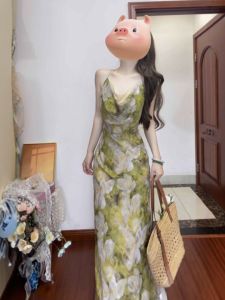 CHANGTONG | Đầm Maxi In Hình Dáng Eo Vintage Thanh Lịch