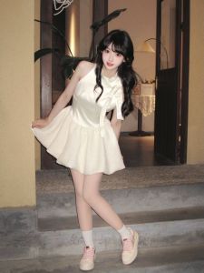 Váy Ngắn Không Tay Cổ Treo Thắt Nơ Kiểu Pháp Thanh Lịch Cho Nữ Mùa Hè Dễ Thương Váy Ngắn Thon Gọn Váy Công Chúa