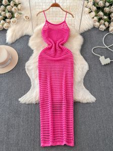 Váy Dệt Kim Hở Lưng Cao Cạp Cao Bohemian Đi Biển Mùa Hè Cho Nữ Váy Midi Không Tay Cổ Chữ V Váy Công Sở Phong Cách Hàn Quốc