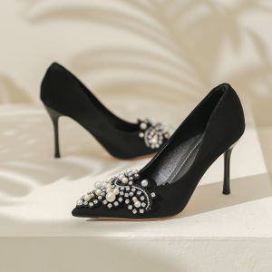 Womens Pointed Toe High Heels Rhinestone Slim Stiletto Design Sensation Spring Summer Fashion Velvet Mouth Single Shoes