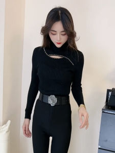 Elegant Hollow out Long Sleeve Half High Collar Womens Knitwear Slimming Base Layer Shirt Top for Spring 2025