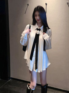 Glossy Satin Pleated Tie Shirt for Women Spring & Fall New Arrival Fancy Temperament Leisure Loose Slim Fit Versatile Top