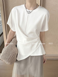 เสื้อยืดคอกลมแขนสั้นผู้หญิงฤดูร้อนใหม่สไตล์เกาหลีเข้ารูปเนื้อผ้าผสมคอตตอนและไนลอน ทรงเข้ารูป