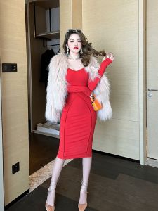 ชุดเดรสยาวทรงเอผ้าถักสีส้มเซ็กซี่ ชุดทำงานฤดูใบไม้ร่วง ชุดเดรสยาวคลุมเข่าทรงเอผ้าถักสีส้ม เอวสูง แขนยาว ชุดทำงาน