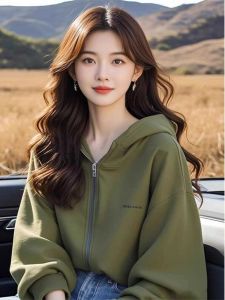 Spring Autumn 2026 Loose Fit Green Hooded Zipper Sweatshirt Jacket Womens Thin American Retro Lazy Chic Casual Outerwear