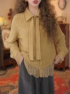 Retro Style Long Sleeve Lace Trim Loose Womens Shirt Autumn Winter plus Size Slimming Design Unique Top for plus Size Girls