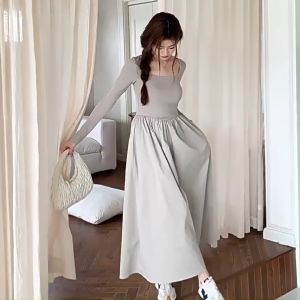 Gaun Khaki Ringan & Gaun Lengan Panjang Leher Persegi Perancis