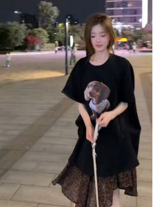 YUEZHONGWEI | Puppy Print Black Round Neck Short Sleeve T-Shirt Summer New Loose Mid-Length