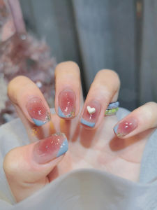 Short French Style Wearable Nails with Blush And 3D Heart Shaped Glitter Gradient Design Suitable for Pregnant Women And Students