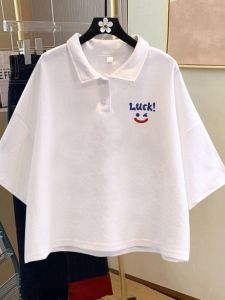 White Polo Shirt Womens Short Sleeve Turn-down Collar Sweet-and-Spicy Style Loose Fit Short Length T-shirt Summer New Arrival