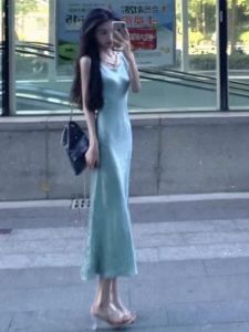 Elegant Blue Summer Strap Dress Ethereal Beach Vacation Skirt Long A-Line Gown V-Neck Sleeveless High Waist Beachwear