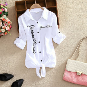 Shirt Women 2024 Spring/Summer New Arrival Womens Clothing Student Long Sleeve K-style Casual Printed Lace up White Shirt Outer Tops