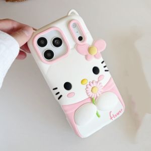 Sanrio | Cartoon 3D Flower Hello Kitty Silicone Phone Case For iPhone 17 16 15 14 13 12 Pro Max Plus Shockproof Soft Cover With Lanyard