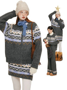 NAPSNAPS | Bộ Quần Áo Knit Họa Tiết Fair Isle Phong Cách Retro Lười