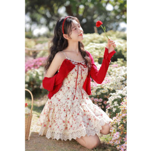 Summer New Lingjiu French Style Red Floral Print Dress Womens Sweet Mini Design Sense Dresses High Waist A-Line Skirt