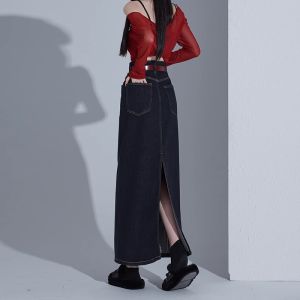 Deep Blue High Waist A-Line Straight Cut Midi Denim Skirt for Women Spring Autumn New Style Retro Back Split Half-length Skirt