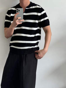 Áo Thun Nam Cổ Polo Tay Ngắn Kẻ Sọc Dệt Kim Thường Ngày Mùa Hè Cổ Chữ V Nhỏ Thời Trang Thành Phố Rộng Rãi