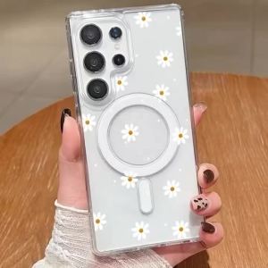 For MagSafe Magnetic Shockproof Transparent Phone Case For Samsung Galaxy A56 A55 A54 A36 A35 A16 A15 Daisy Floral Print Cover