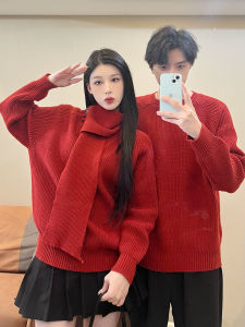Couples Knitted Sweaters round Neck Red Color Autumn Winter Style Chinese New Year Celebration Special Edition Loose Fit Long Sleeve