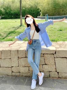 Light Blue Straight Leg Denim Jeans Womens 2025 Spring Autumn New Style French Bread Small Size Ladies Autumn Winter Fleece Lined Cigarette Pants