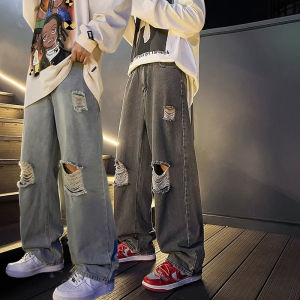 Quần Jeans Denim Rách Phong Cách Đường Phố Cho Thanh Thiếu Niên Nam Mùa Hè Quần Dài Thường Ngày Có Thắt Lưng Rộng Rãi