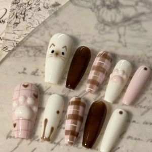 Pink Coffee White Chocolate Strawberry Cat Claw Nail Tips Long Elegant White Enhancing Wearable Nails False Nails Nail Art