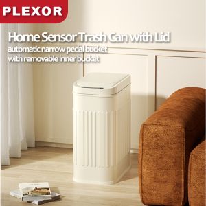 Plexor 10L/15L Automatic Motion Sensor Bathroom Trash Can with soft close Lid Stainless Steel Slim Small Smart Trash Bin with inner bucket Slim Garbage Can Small White Wastebasket for Toilet Office rv Bedroom Living Room