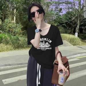 DVDK | White Short Sleeve Women T-Shirt Thin Loose Design Bamboo Cotton Letter Print V-Neck