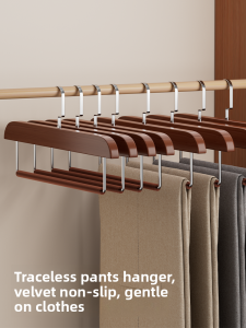 Real Wood Velvet Coat Hanger for Hanging Pants Smooth Edge Anti-Slip Suitable for All Kinds of Pants And Skirts Storage Organizer