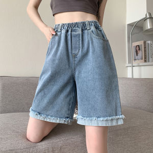 High Waist Elastic Waist Short Jeans Womens Summer Thin Straight Leg Loose Wide Leg Five-Quarter Mid-Pants Blue Denim