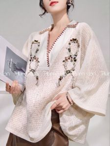 Embroidered V-Neck Batwing Loose T-Shirt