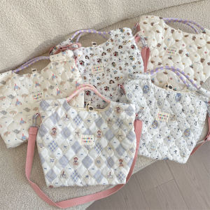Autumn Winter Quilted Canvas Cartoon Pattern Handbag Womens Shoulder Tote Bag Soft Polyester Casual Style Medium Size