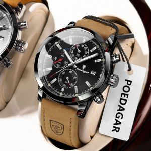 POEDAGAR Fashion Quartz Mens Watch Waterproof Luminous Chronograph Date Leather Man Watch Luxury Business Watches For Men Reloj
