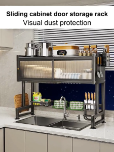 YOYO Sliding Dustproof Door Over Sink Shelf Kitchen Countertop Dish Drying Rack | Multi-Functional Sink Storage Organizer with Cabinet