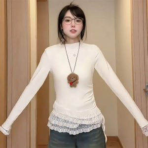 เสื้อยืดผู้หญิงไซส์ใหญ่ ผ้าลูกไม้ขอบลูกไม้ ทรงเข้ารูป ปกโปโล แขนยาว คอวี ทรงเข้ารูป ฤดูใบไม้ผลิ 2024