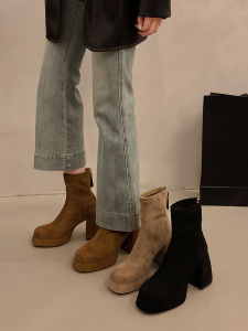 French Style Thin Boot Ankle Small Naked Boot Chunky High Heel Short Boot Women Waterproof Platform Autumn Winter Fleece Lined Single Boot